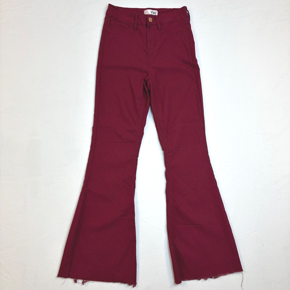 YMI Womens Burgundy Hyperstretch High Rise Flare Bell Bottom Pants Raw Hem Med.